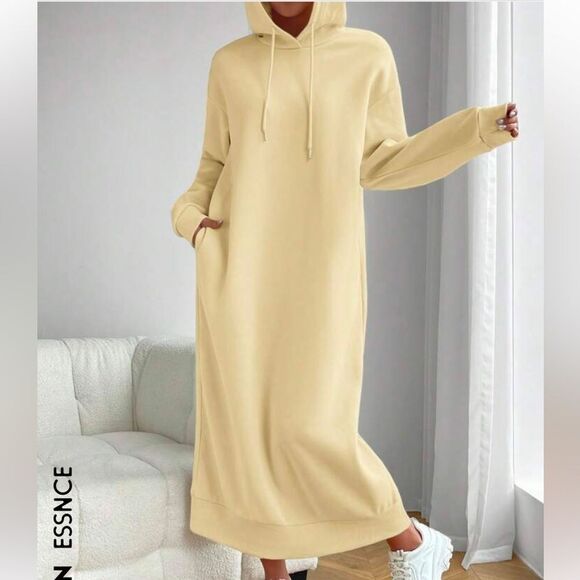 SHEIN Essnce Casual Plain Drawstring Hooded Maxi Sweatshirt Dress, Autumn/Winter - Picture 1 of 7